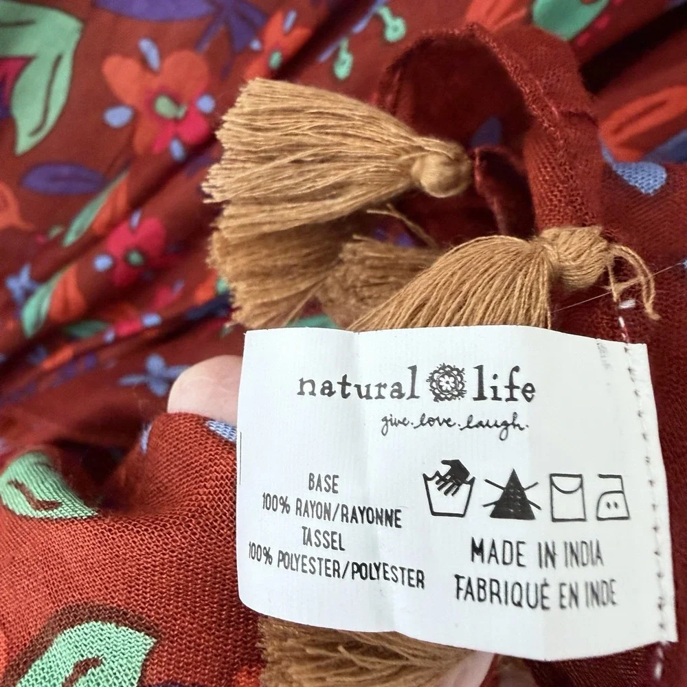 Natural Life Floral Tassel Kimono One Size Boho Festival Duster Ruana Wrap Beach - Picture 6 of 6